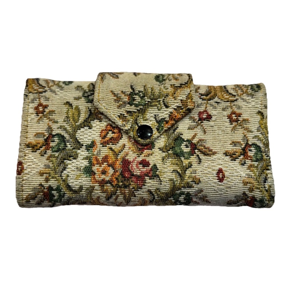Floral Tapestry Clutch Wallet Vtg Carpetbag Needlepoint Tri-fold cottage core